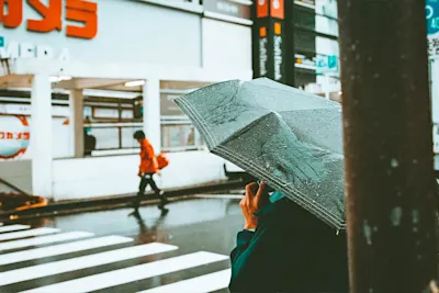 A person with an umbrella standing in front of a crosswalk A person holding an umbrella in front of a crosswalk in the rain, with another person in the background.