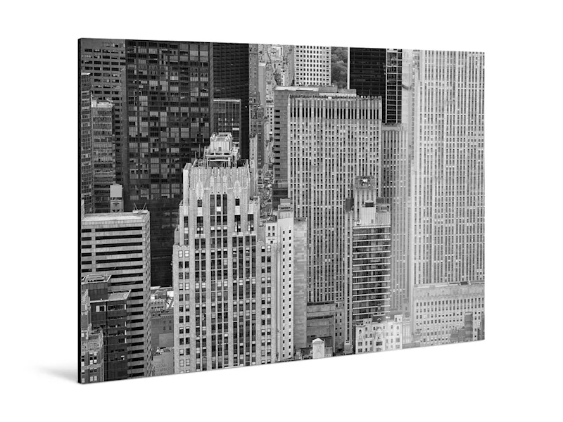 Tirage noir et blanc Ilford sur alu Dibond Tirage noir et blanc sur alu Dibond présentant une vue aérienne de gratte-ciel dans une ville.