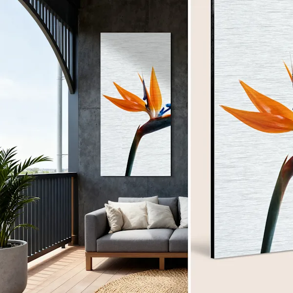 Directe print op Dibond met butlerfinish, hangend in een buitenlounge. Directe print op Dibond met butlerfinish, hangend in een buitenlounge.