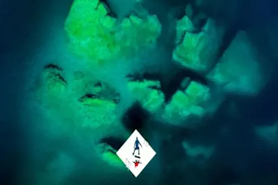 Lorenz Holder - Mystic Flip Luftaufnahme von grünen Unterwasserstrukturen im Meer und einer weißen Plattform mit einem Skater.