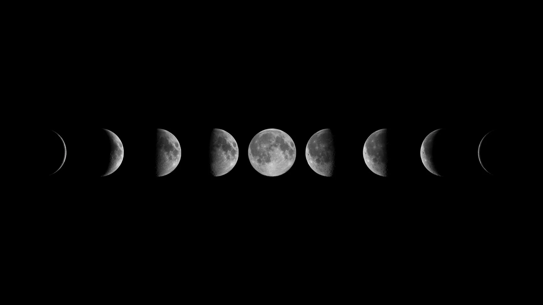 Eight moon phases from new moon to full moon and back are shown in a row on a black background. Eight moon phases from new moon to full moon and back are shown in a row on a black background.