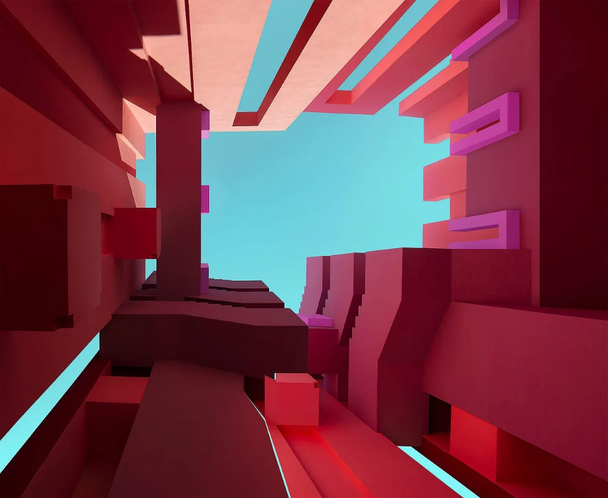 View looking up between abstract, red and pink rectangular structures with blue sky in the background. View looking up between abstract, red and pink rectangular structures with blue sky in the background.