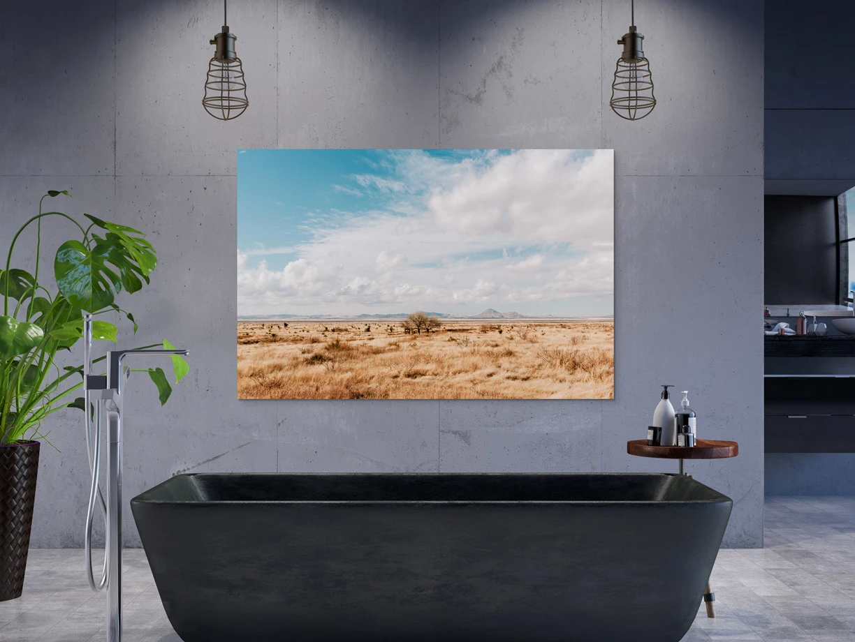 Clouds drifting over a parched landscape with mountains in the background, printed on a Direct Print On Forex hanging in a bathroom.