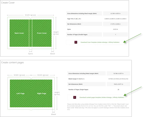 PDF Template download on WhiteWall website A screenshot shows where on the WhiteWall website you can download the templates for the PDF creation for the cover and content pages of the WhiteWall Coffee Table Book.