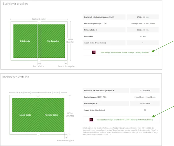 PDF Vorlagen-Download auf der WhiteWall Webseite Ein Screenshot zeigt, wo man auf der WhiteWall Webseite die Vorlagen für die PDF Erstellung für Cover und Inhaltsseiten des WhiteWall Bildbandes herunterladen kann.