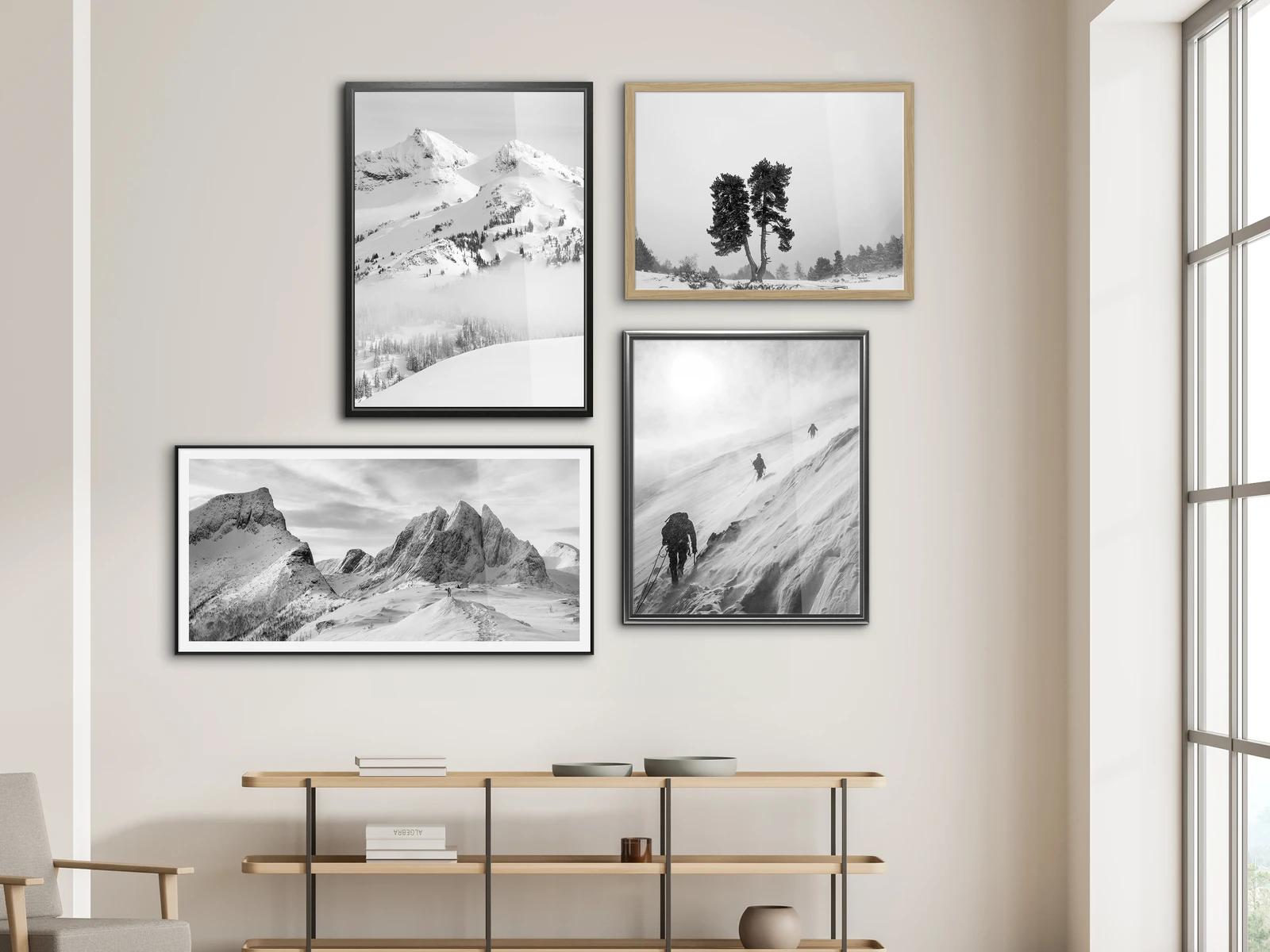 hanging of four framed black white aluminum photo prints.