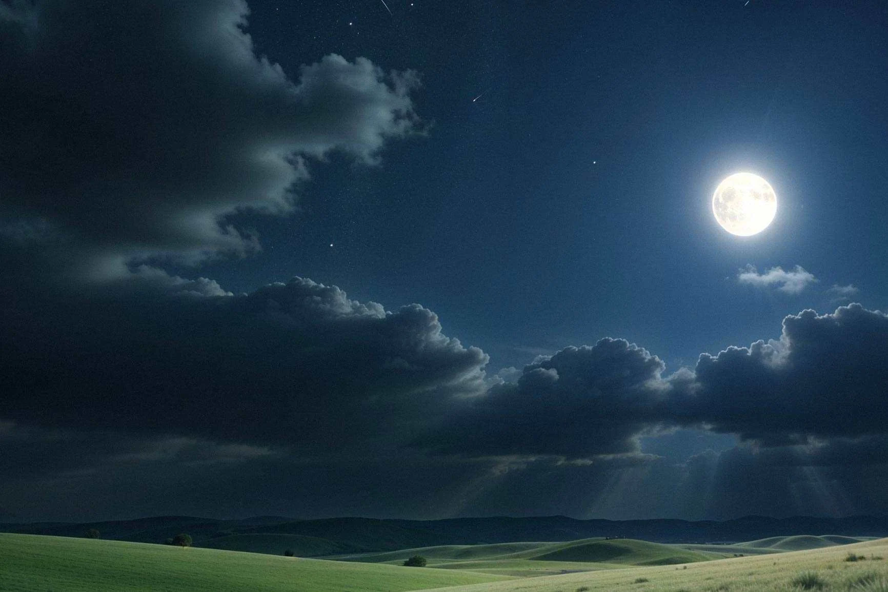 Astrophotography: Moonlight Moonlight over a rolling landscape with clouds in the night sky.