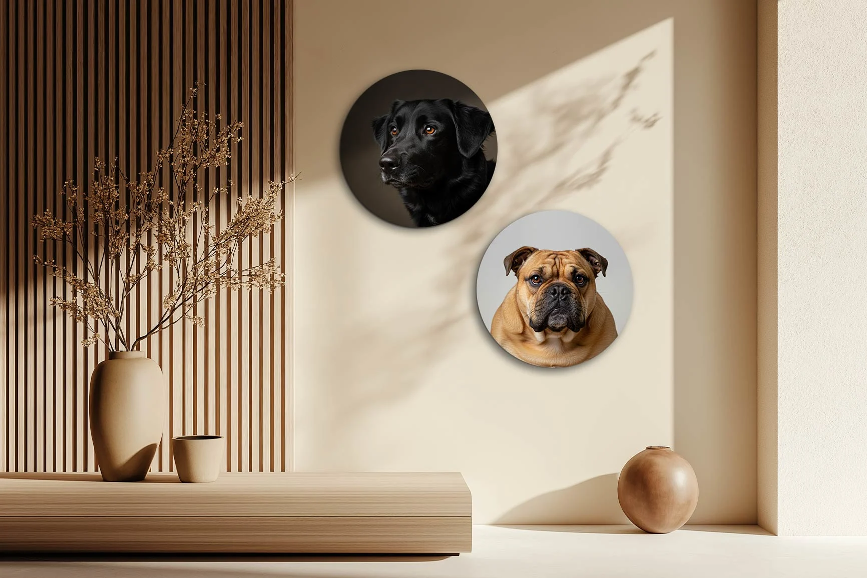 Round wall art featuring dogs Two round pieces of wall art featuring portraits of a black Labrador and a stocky brown dog on a light-colored wall next to a wooden bench.