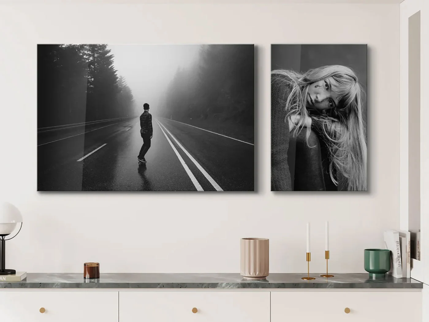 Hanging with two black white acrylic prints in different formats. Hanging with two black white acrylic prints in different formats.