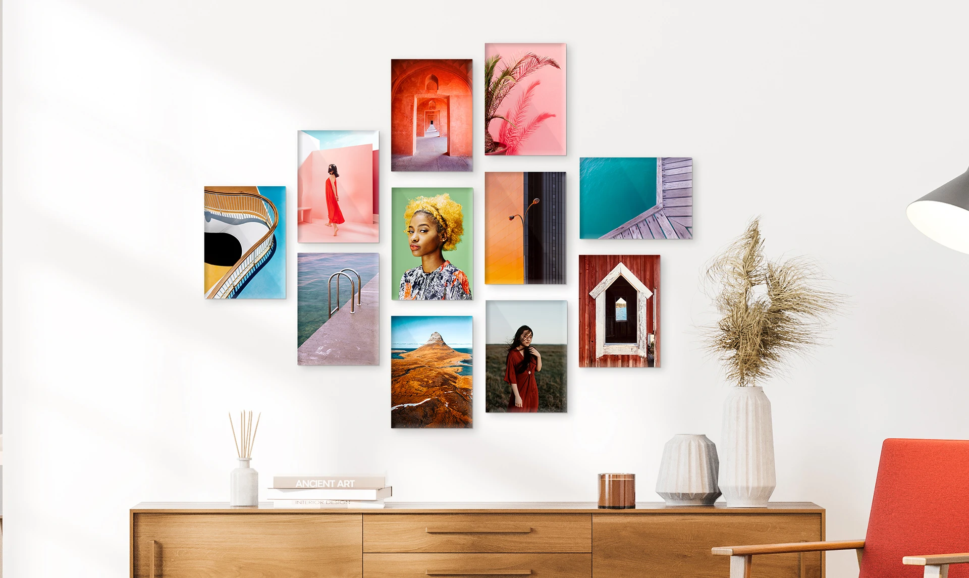 mutliple whitewall mini acrylic prints as a hanging on a wall.