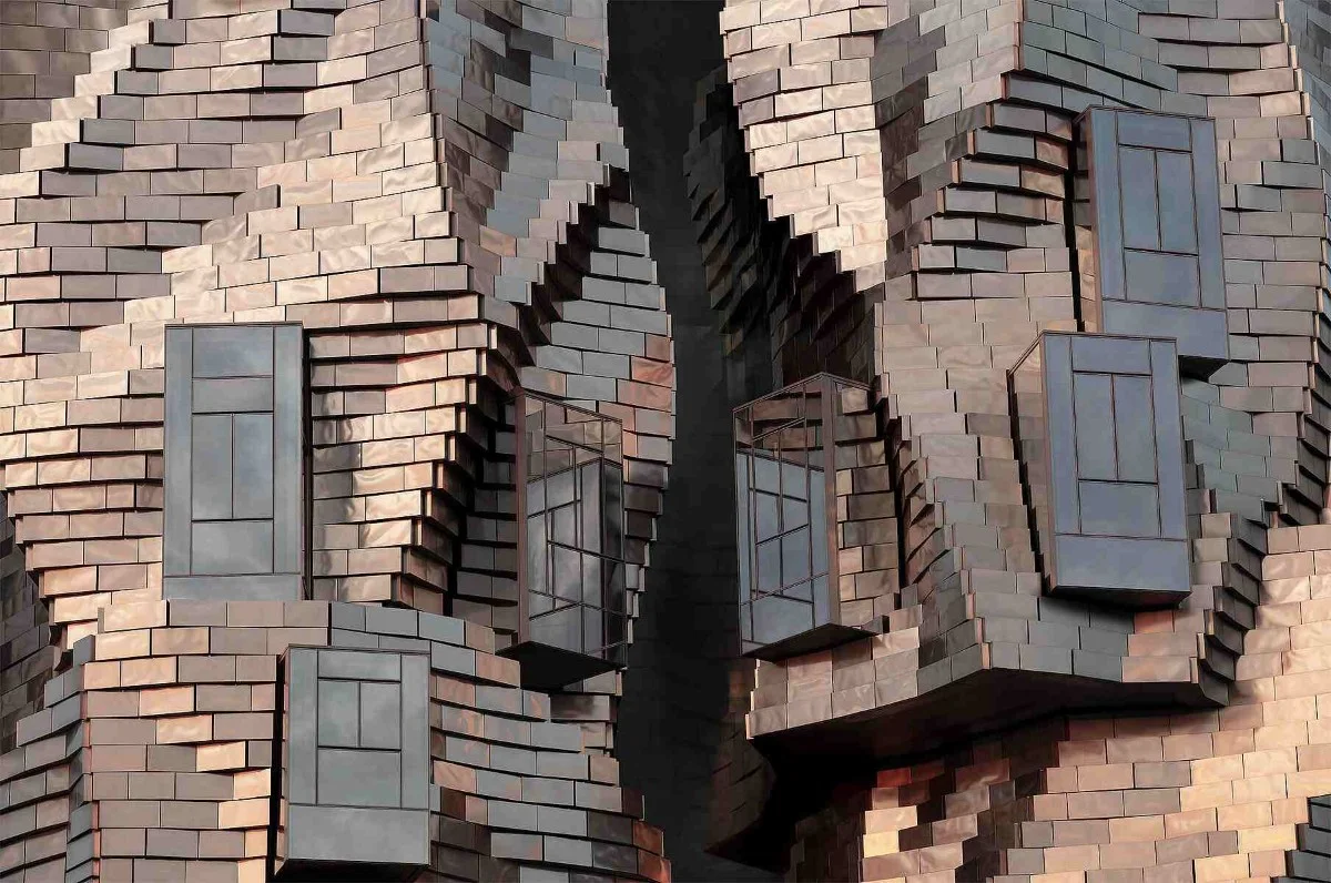 Facade detail of a building with irregularly arranged rectangular brown tiles and several small windows. Facade detail of a building with irregularly arranged rectangular brown tiles and several small windows.