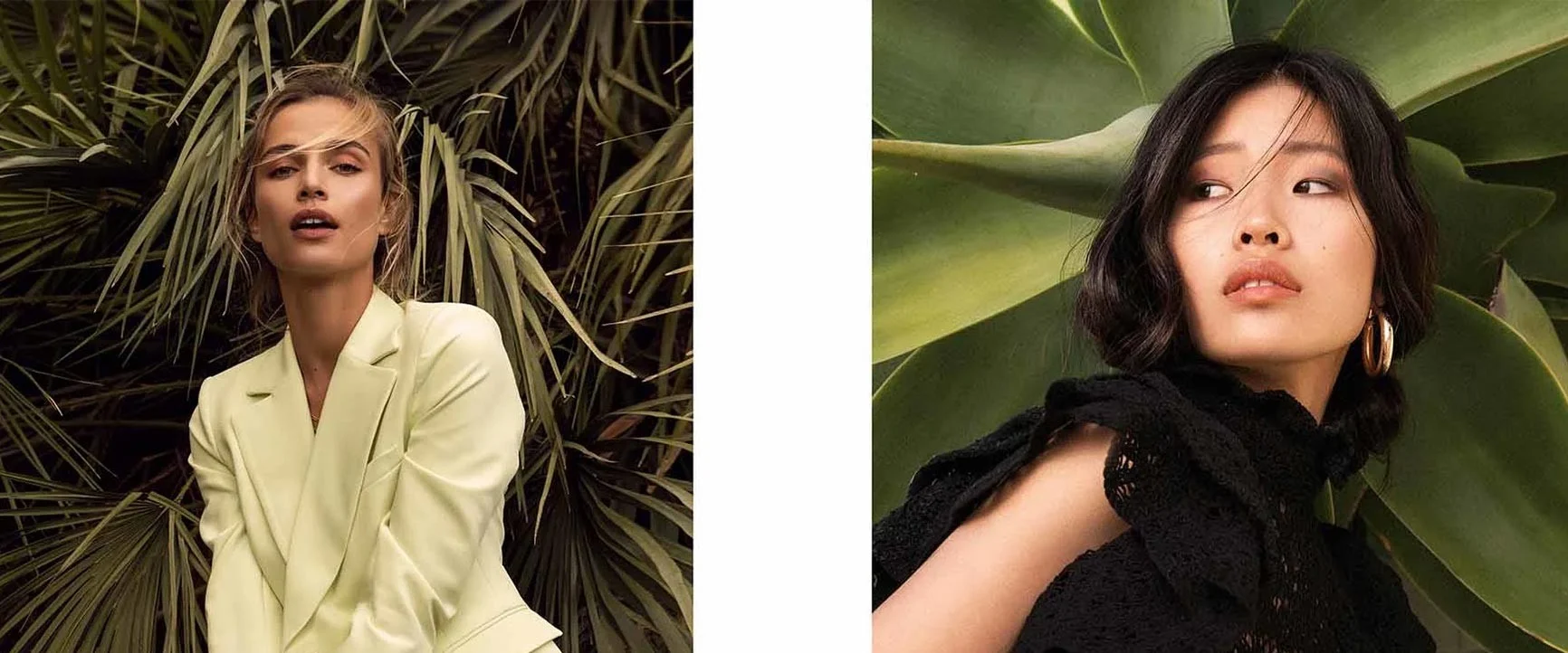 Two portrait photographs side by side: on the left, a woman in a light-colored blazer; on the right, a woman in black, sleeveless clothing.