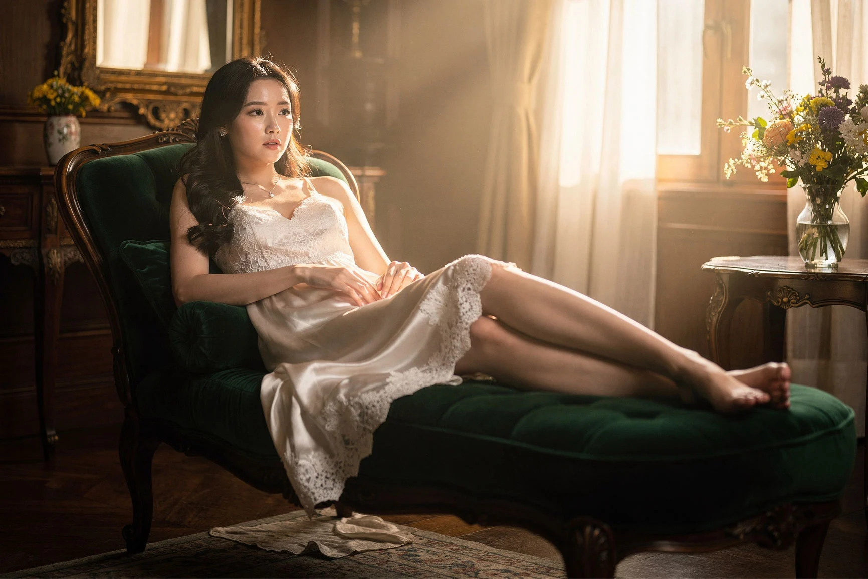 Woman in a white lace dress A woman in a white lace dress is lying relaxed on a dark green velvet sofa in a brightly lit room with flowers on a side table.