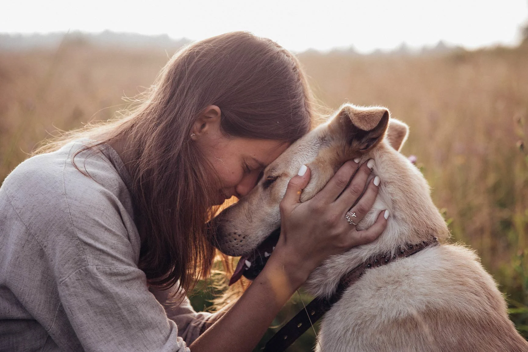 Woman and Dog: Neck and Neck A woman with long brown hair is tenderly cradling the head of a light-colored dog in her hands in a field.
