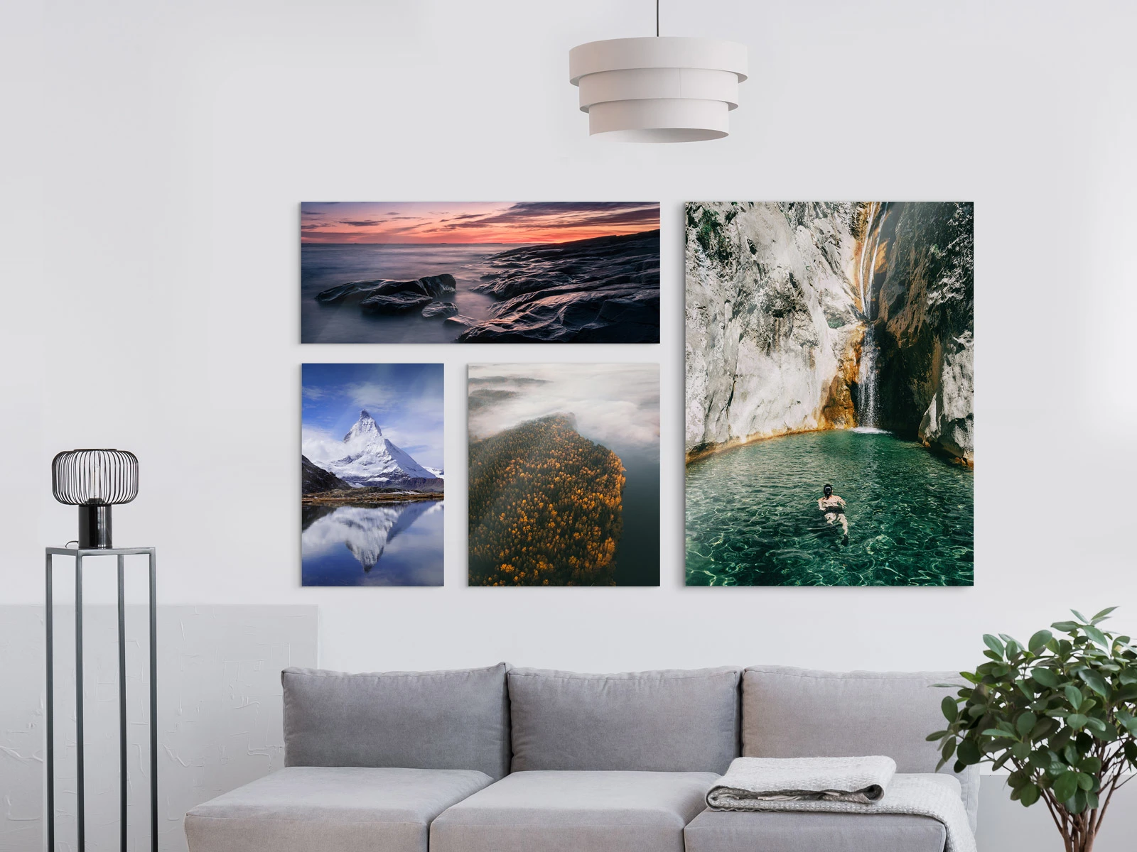 Several landscape photos on a wall as original photo print under acrylic glass.