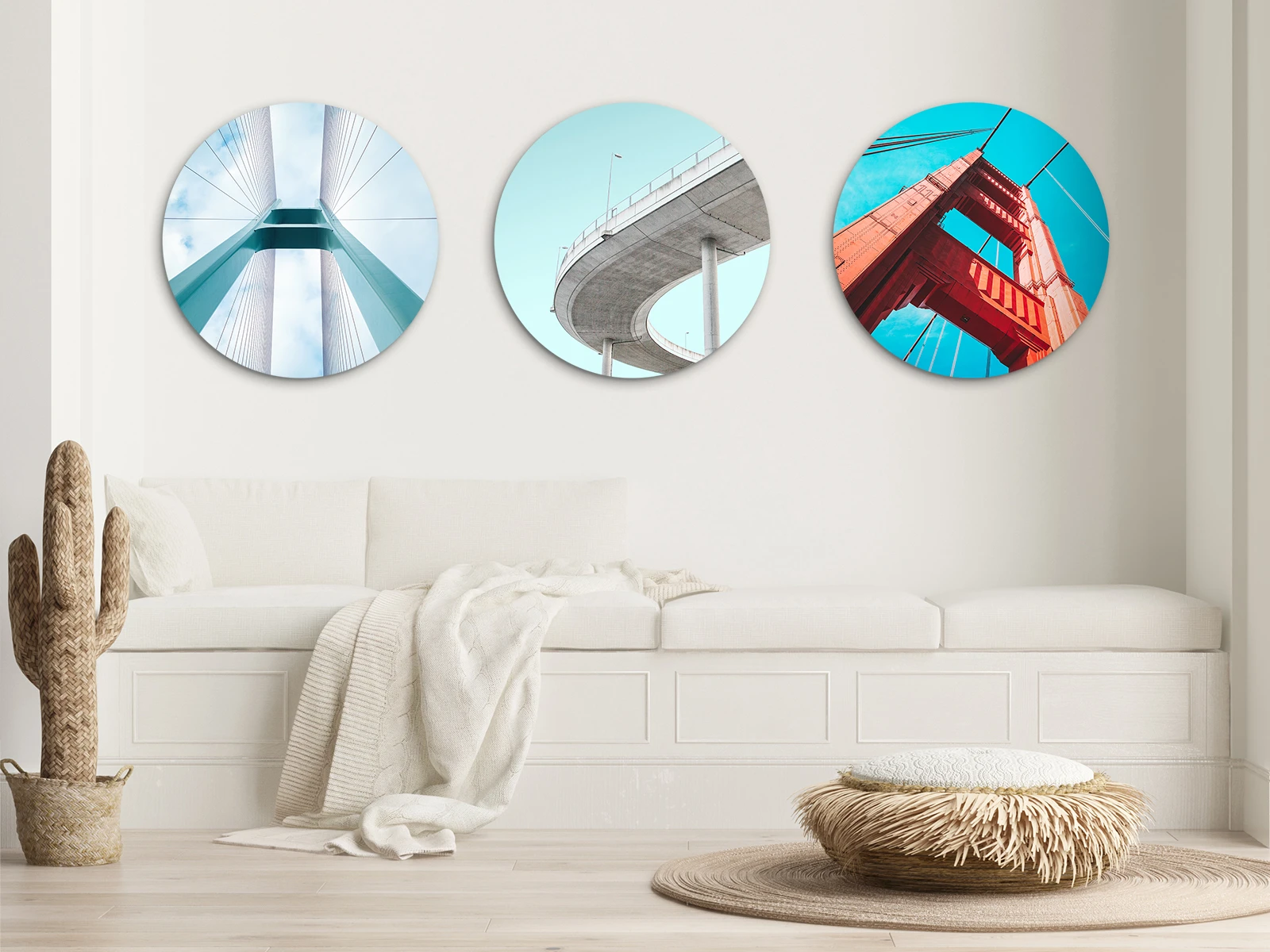 Different motifs on 3 round Fomat of an Original Photo Print Under Acrylic Glass. hanging on a wall in a living room.