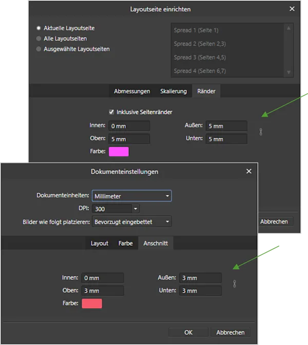 Screenshot mit Angaben zu Maßen und Rändern in Affinity Publisher für den PDF-Upload Screenshot mit Maßangaben und Rändern der Innenseiten eines WhiteWall Coffee Table Books in Affinity Publisher für den PDF-Upload
