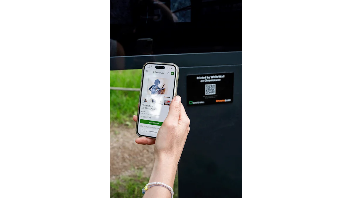 ChromaLuxe Exhibition: Rubén Salgado, “Solar Portraits” HD Metal Prints A hand holds a smartphone displaying the WhiteWall website near a dark panel with a QR code labeled "Printed by WhiteWall on ChromaLuxe."