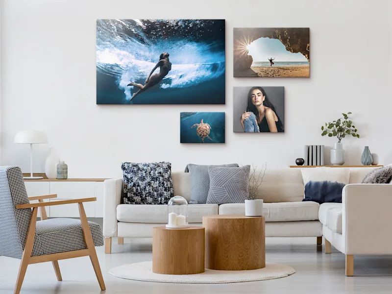 Glossy Canvas On Stretcher Frame 4 Several glossy canvas prints on stretcher frames hanging on a wall.