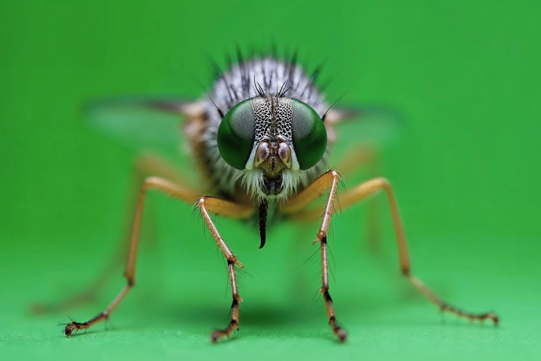Close-up photo of a fly A close-up photo of a fly with large compound eyes and fine hairs against a green background.