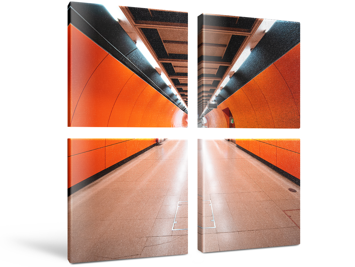 View into an underground tunnel. The whole picture is divided into four parts.