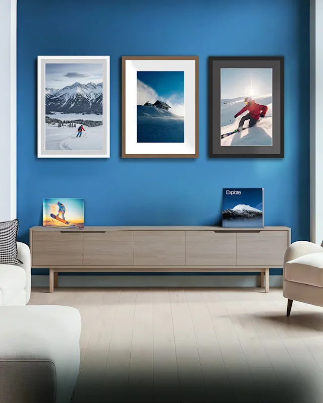 Product overview with framed wall art, acrylic block, and photo book