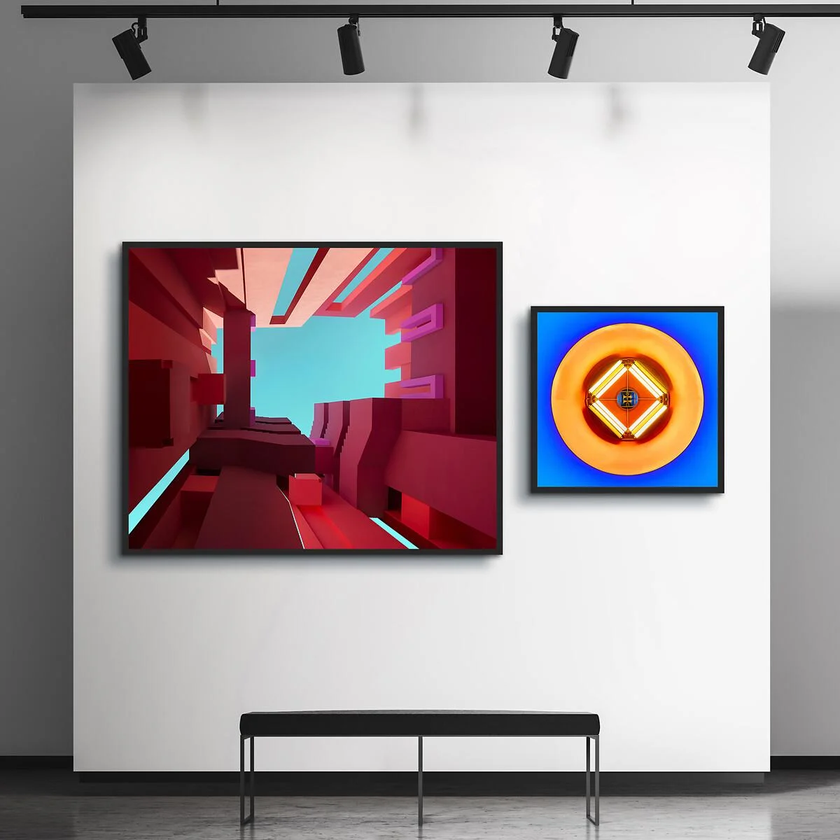 Two works of art in wooden frames on a white wall, abstract architecture on the left, geometric shapes on the right. Two works of art in wooden frames on a white wall, abstract architecture on the left, geometric shapes on the right.