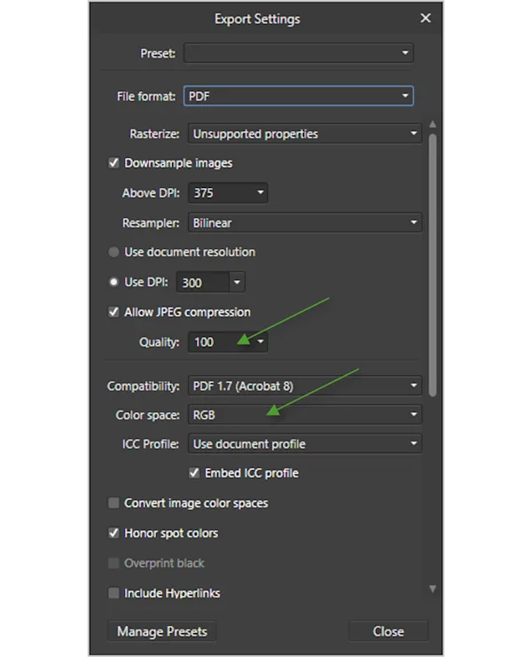 Screenshot indicating detailed export settings for PDF in Affinity Publisher Green arrows point to detailed PDF export settings in Affinity Publisher to generate a printable PDF file for a WhiteWall Coffee Table Book.