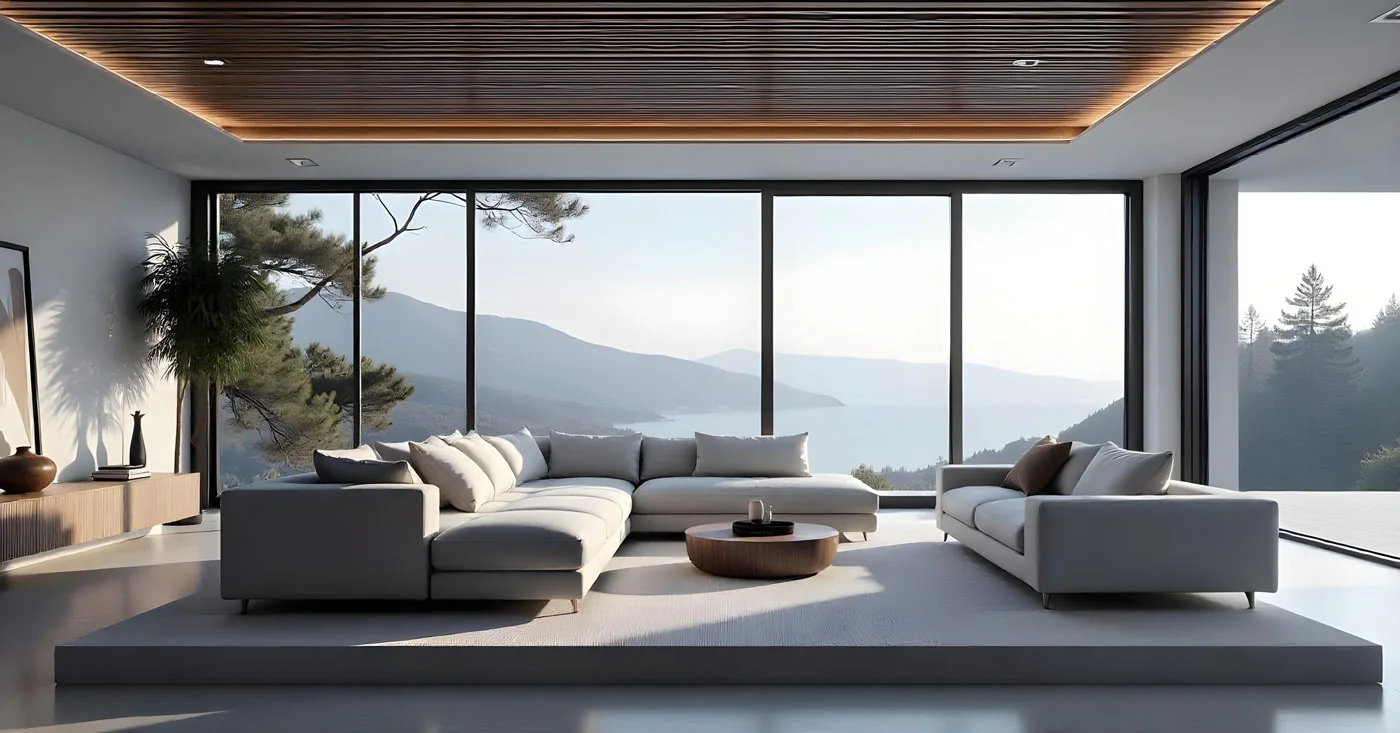 Modern living room with large panoramic windows, gray corner couch, wooden table, and views of the mountains and lake. Modern living room with large panoramic windows, gray corner couch, wooden table, and views of the mountains and lake.