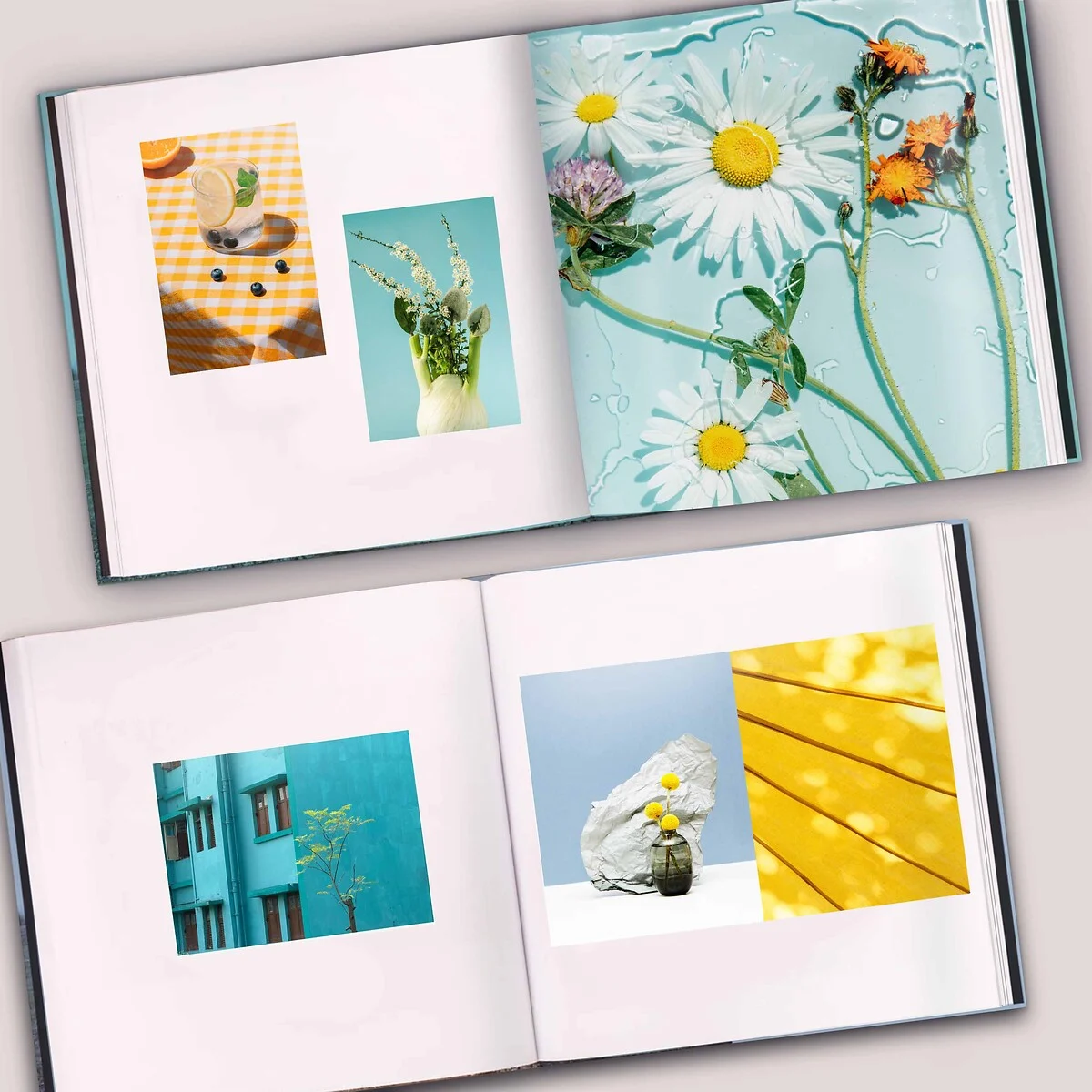 Two open Coffee Table Books Two open Coffee Table Books featuring photographs of flowers, drinks, architecture, and still lifes on white pages.