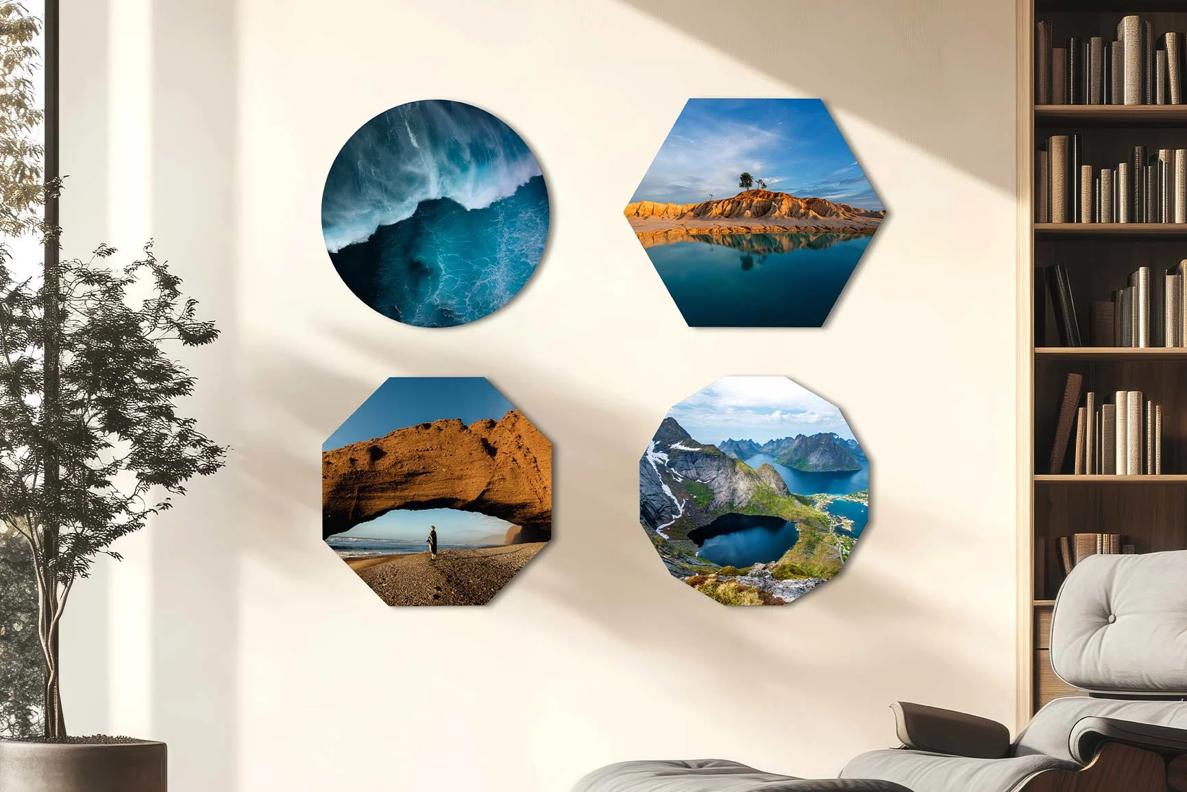 Four wall art prints with various nature photography motifs in different formats. Four wall art prints with various nature photography motifs in different formats.
