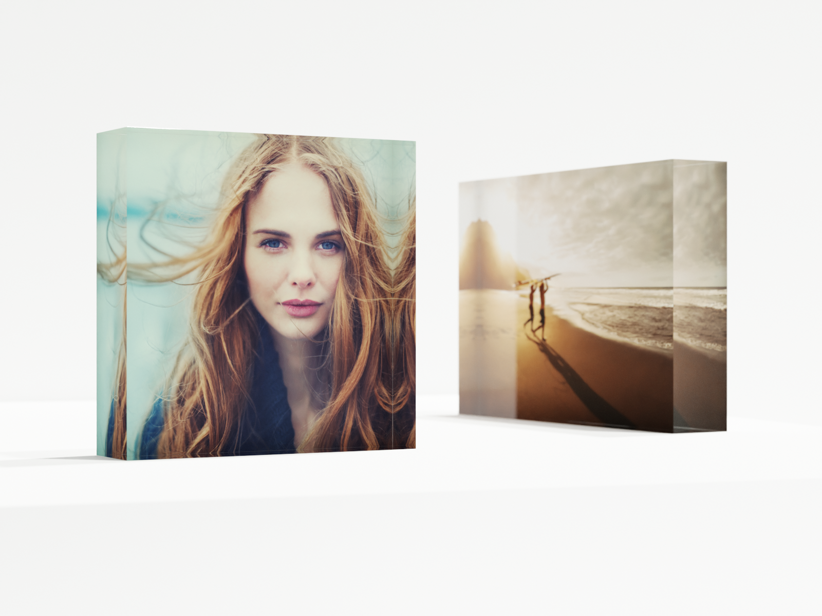 two acrylic photo blocks in square and landscape format.