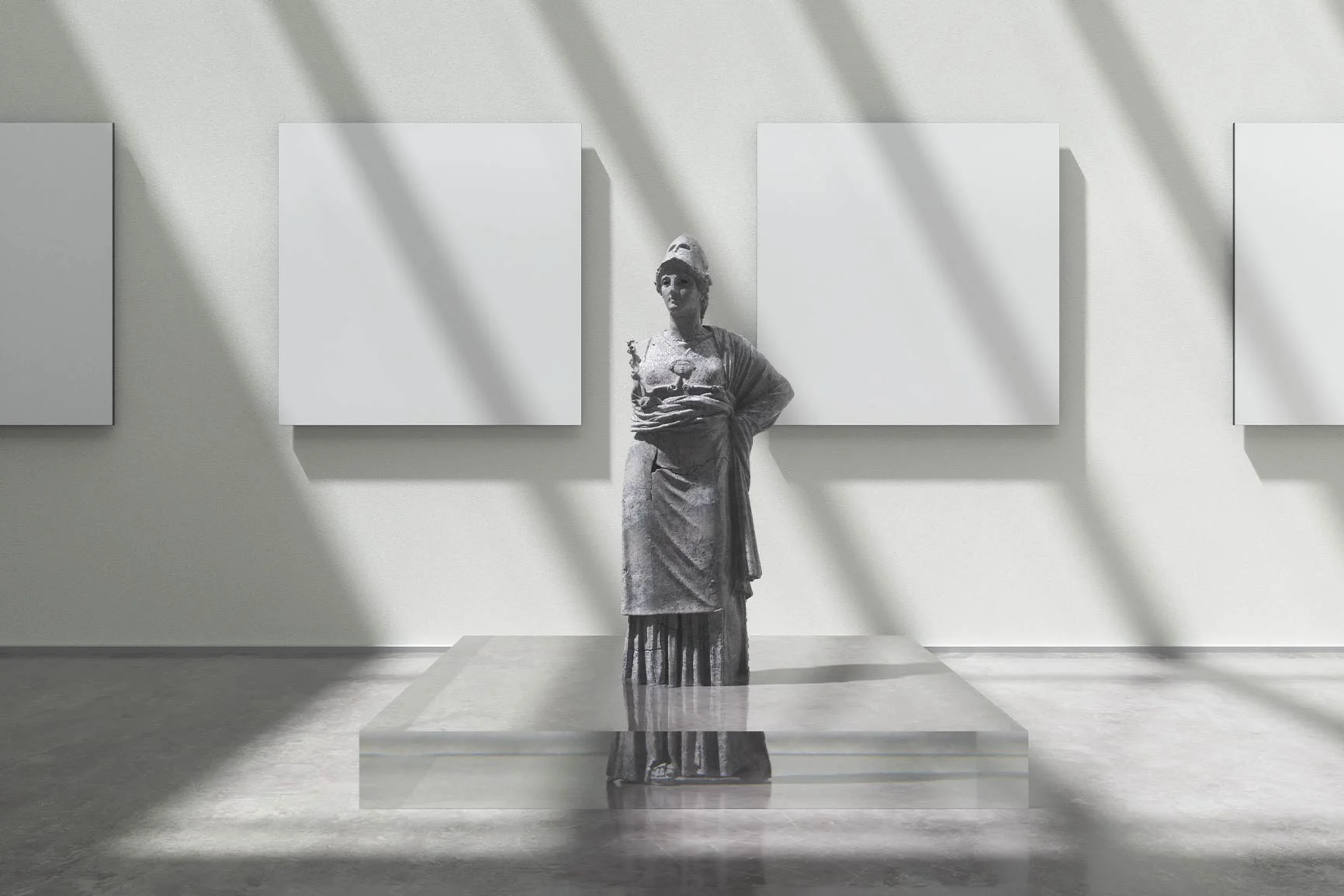 Sculpture of a Woman A sculpture of a standing woman on a pedestal in front of three square, white canvases in a brightly lit room with shadows.