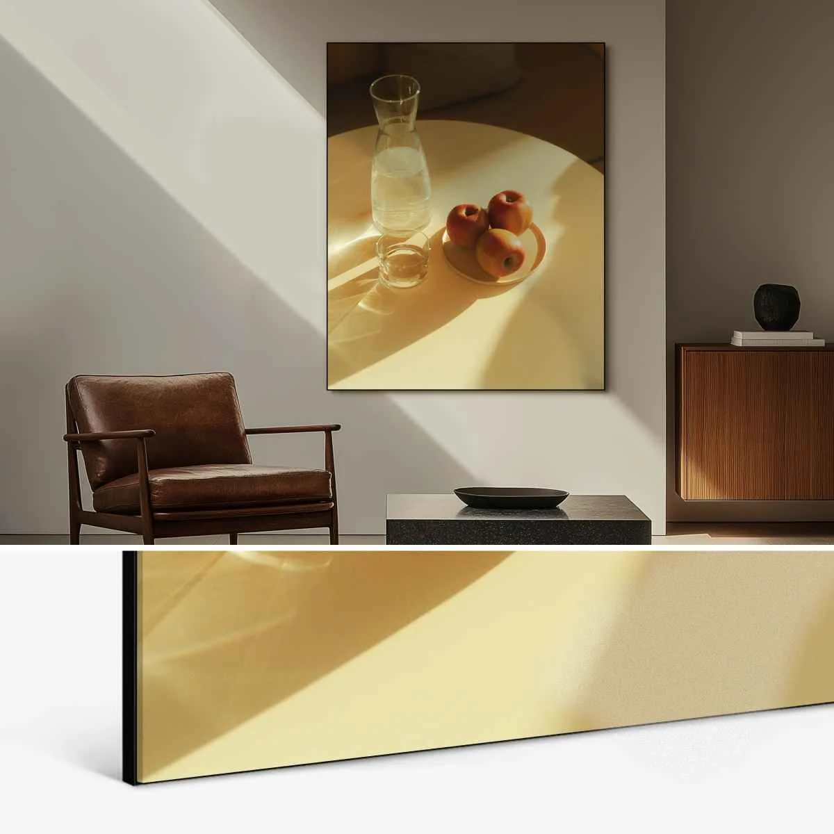 Photo behind acrylic in slimline frame shows a glass bottle and three apples on a light background, on a wall. Photo behind acrylic in slimline frame shows a glass bottle and three apples on a light background, on a wall.