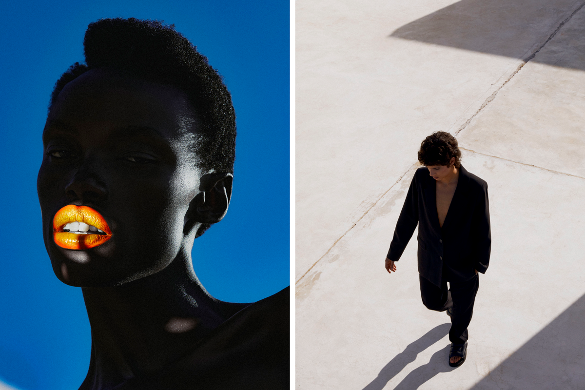 composition of two photos by Per Appelgren with a close up woman's face and a person walking down the streets, light and shadow.