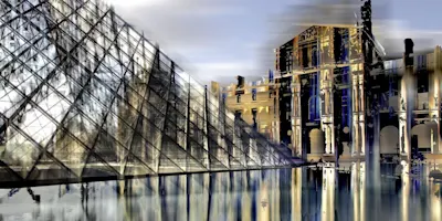 Sabine Wild – Architekturkunst Digitale Komposition aus Glasfassade und historischem Gebäude mit Spiegelung im Wasser.