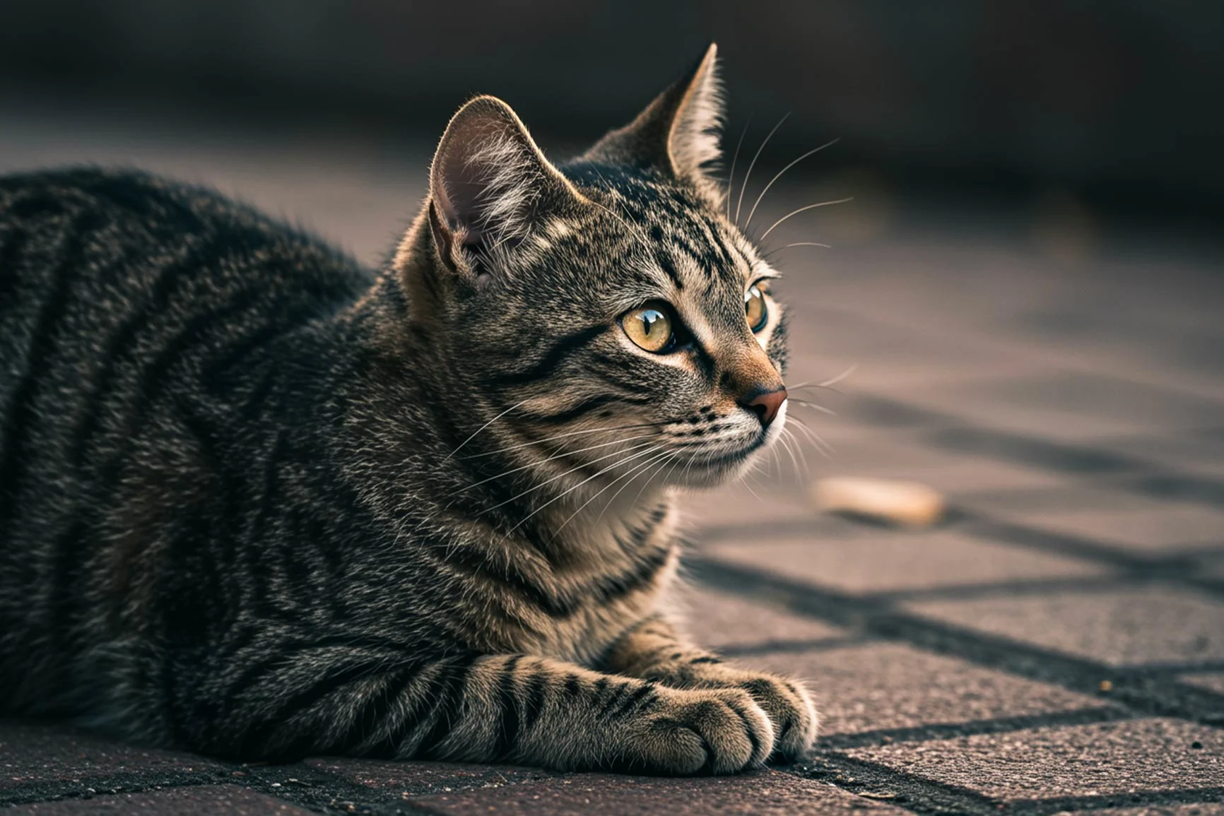 Cat lying down Close-up of a tabby cat lying on a paved surface.