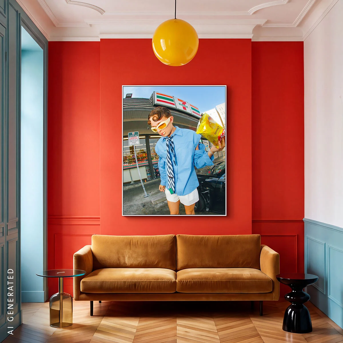 Großformatige Wandkunst mit einer Person in Sonnenbrille Ein modernes Wohnzimmer mit einer roten Wand, einem hellbraunen Samtsofa und einem gerahmten großformatigen Fotodruck einer Person mit Sonnenbrille vor einem 7-Eleven.