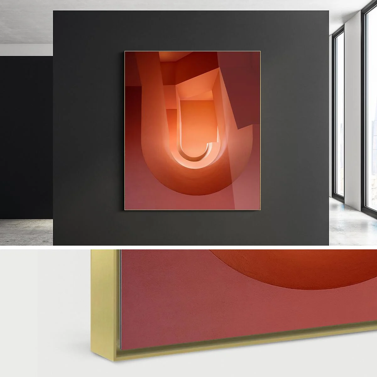 Abstract image with curved shapes in shades of red and orange, framed in a rectangular Aluminum ArtBox with a gold finish. Abstract image with curved shapes in shades of red and orange, framed in a rectangular Aluminum ArtBox with a gold finish.