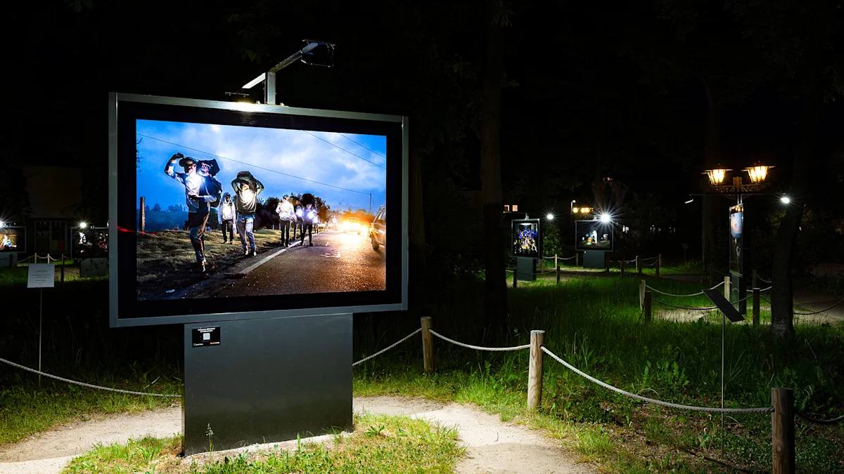 ChromaLuxe Exhibition: Rubén Salgado, “Solar Portraits” Outdoor photo exhibition at night featuring illuminated display panels showing people walking along a road, set in a park.