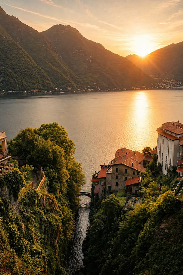 Sunset over a lake Sunset over a lake with mountains in the background and houses with red roofs in the foreground.