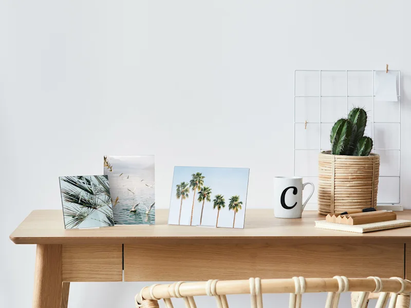 Fotoaufsteller aus Acrylglas Drei Acrylglas-Fotoaufsteller mit Naturmotiven, weiße Tasse mit Buchstabe 'C' und Kaktus in geflochtenem Topf auf hellem Holztisch.