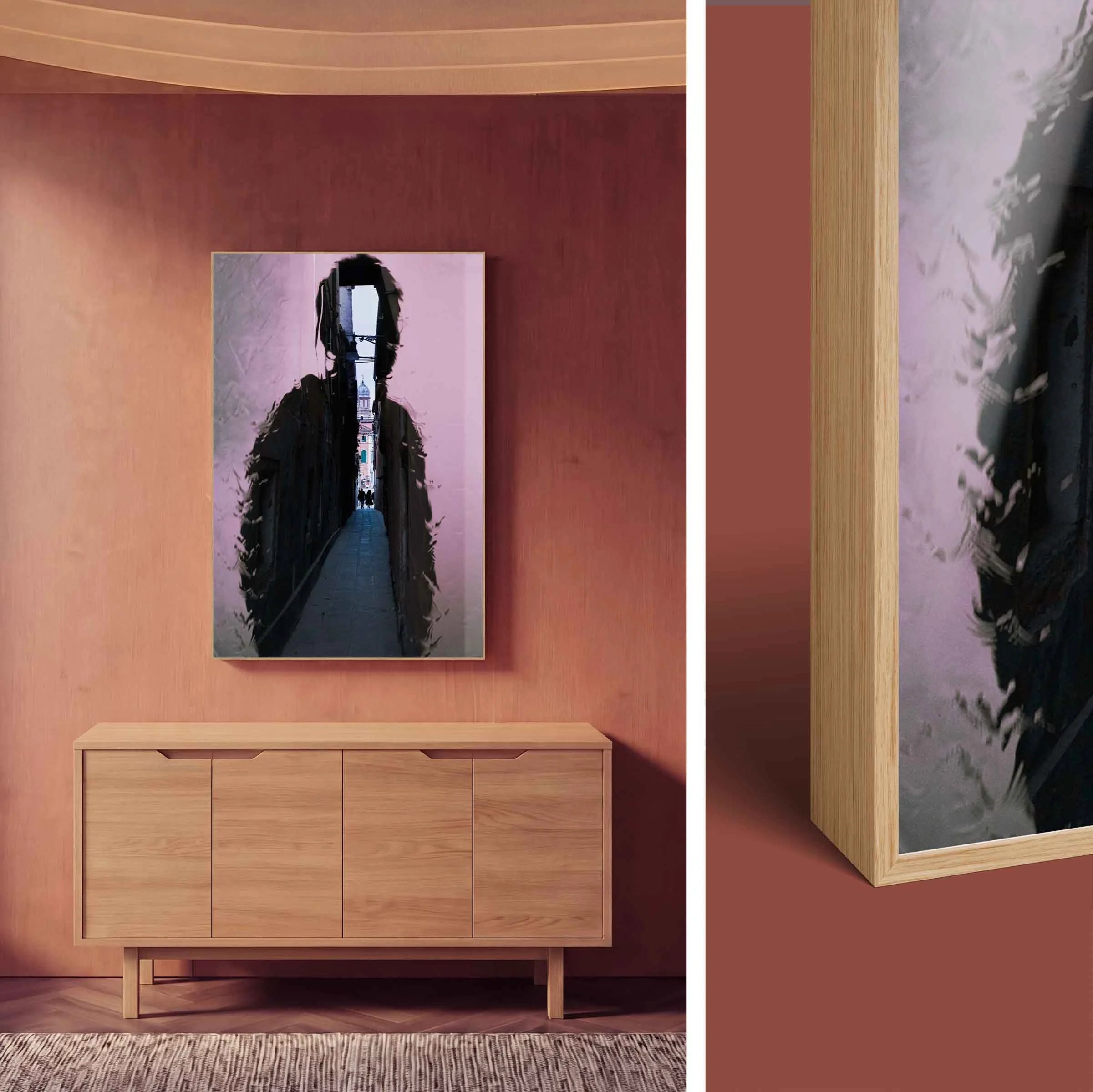 ArtBox aus Eichenholz ArtBox aus Eichenholz mit einem Bild, das eine Silhouette einer Person zeigt, in der ein schmaler Gang mit Menschen sichtbar ist.