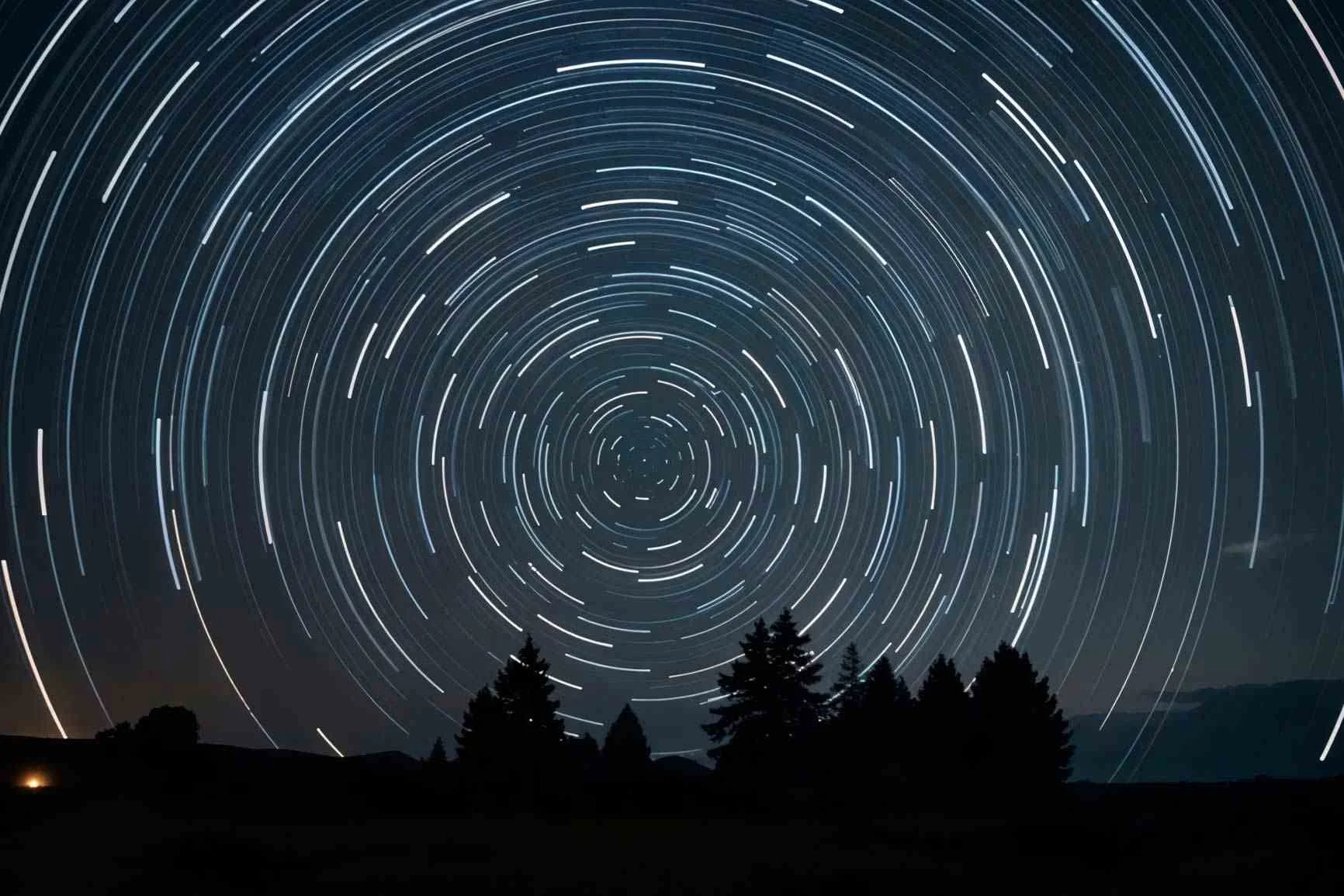 Astrophotography of star trails A night shot showing star trails forming concentric circles in the sky above a row of trees.