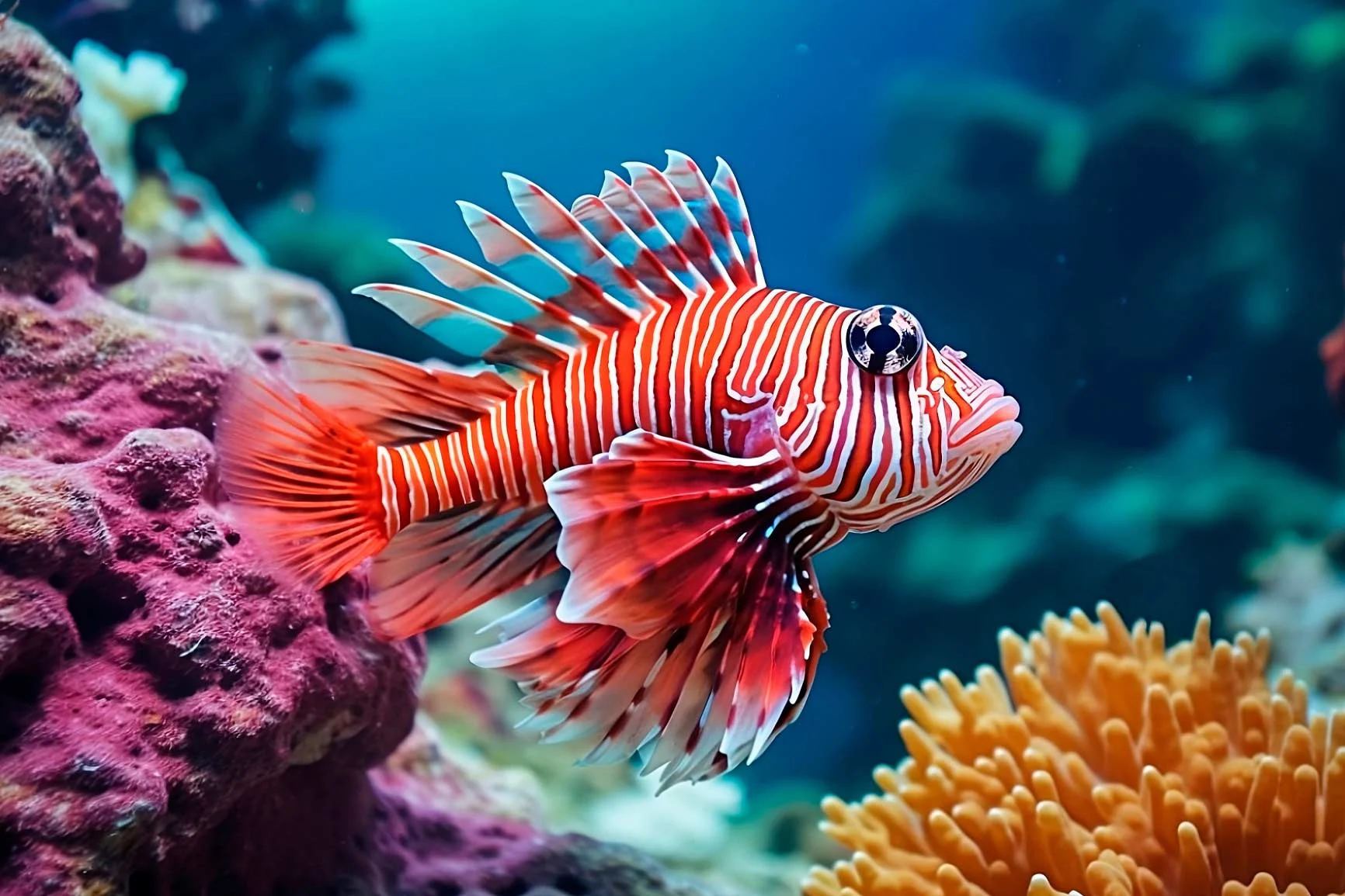 Un pez león rojo y blanco con llamativas aletas nada sobre un arrecife de coral. Un pez león rojo y blanco con llamativas aletas nada sobre un arrecife de coral.