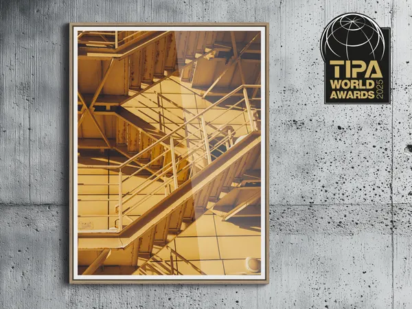 Best Frame Design - WhiteWall Basel 6 mm Escalier industriel sous un éclairage doré chaleureux, fixé sur un mur en béton à côté d'une plaque portant le logo TIPA World Awards