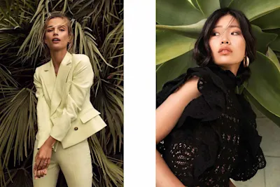 Two contrasting portraits of women: light and black Two portrait photographs side by side: on the left, a woman in a light-colored blazer; on the right, a woman in black, sleeveless clothing.