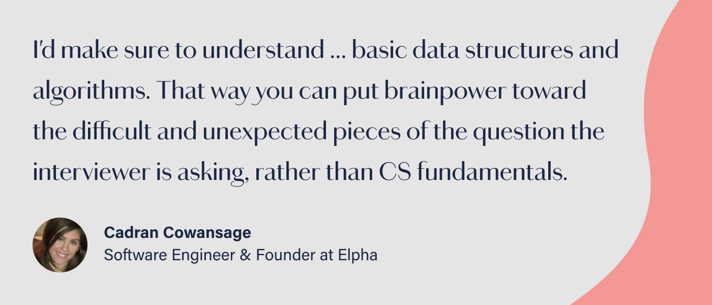 Graphic reads: I'd make sure to understand ... basic data structures and algorithms. That way you can put brainpower toward the difficult and unexpected pieces of the question the interviewer is asking, rather than CS fundamentals.