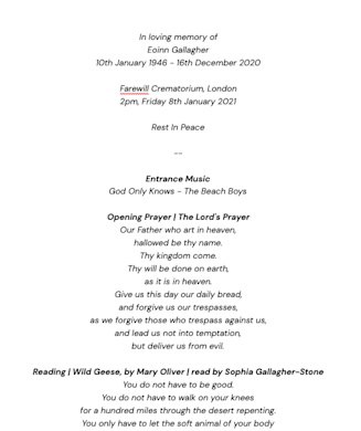 An example order of service with a location, reading and title.