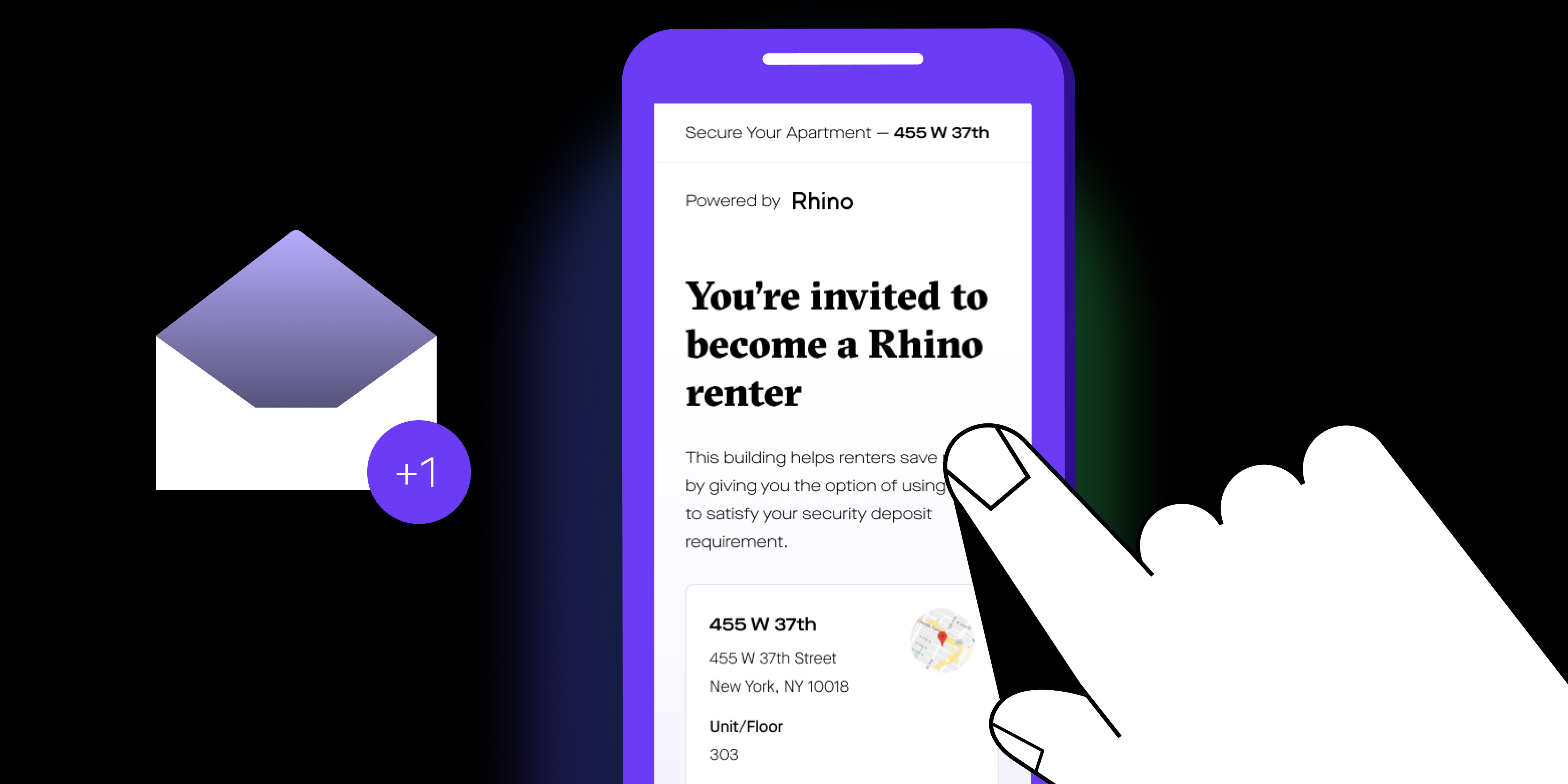 Graphic with a hand pointing at a cellphone screen which has a Rhino invitation on it. 